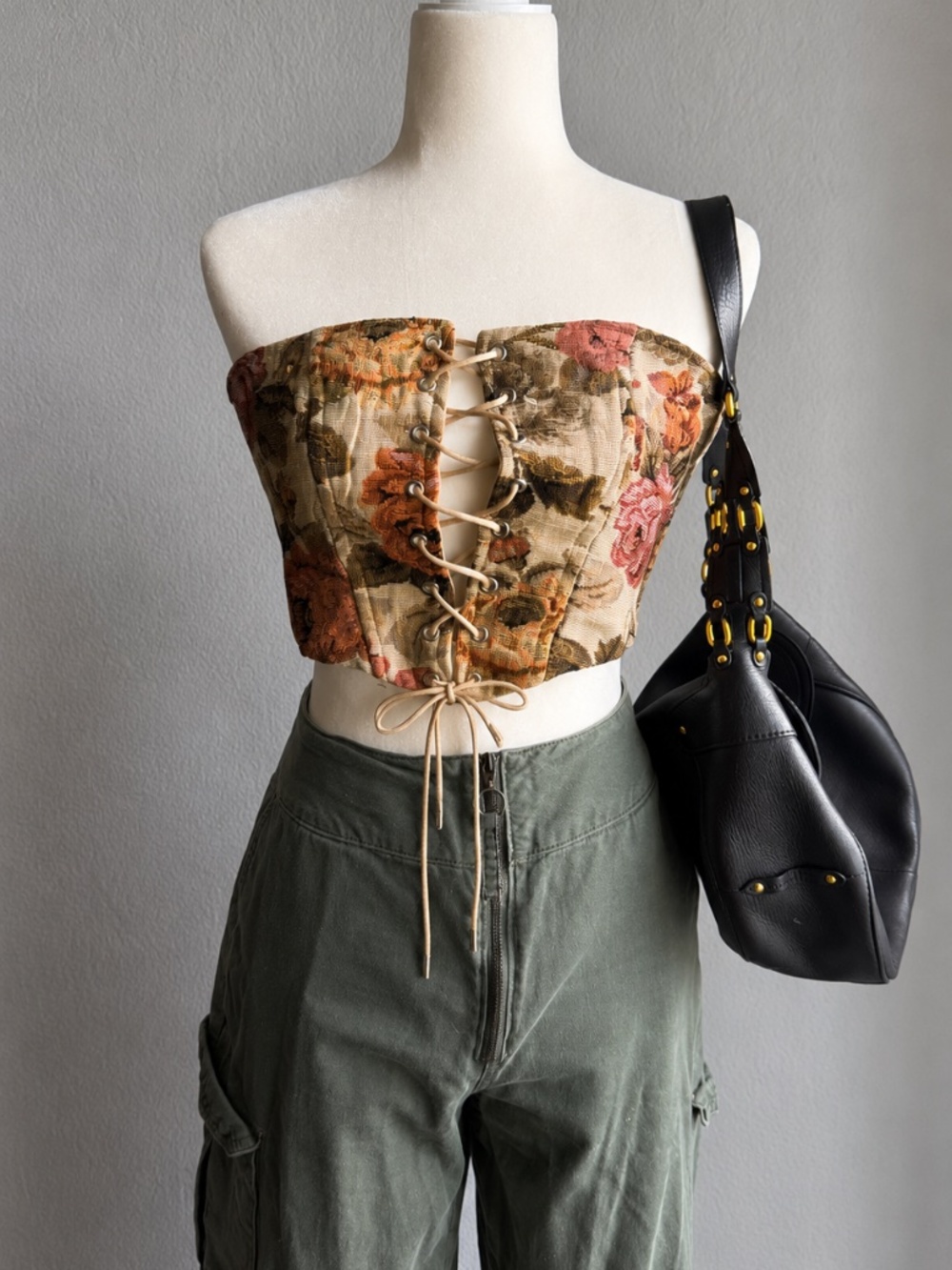 Vintage Floral Tapestry Lace-Up Corset Tube Top | Cottagecore Fairy Grunge